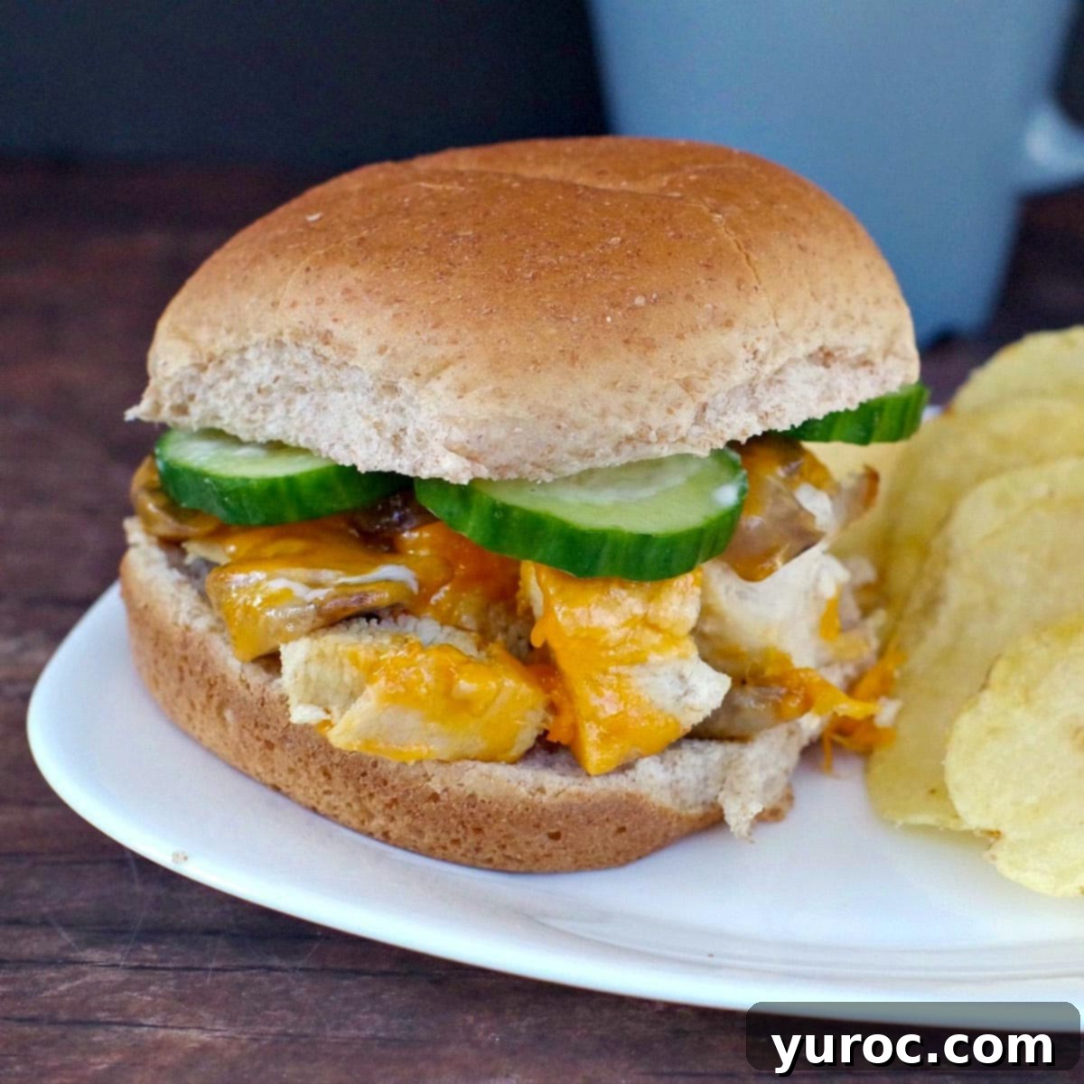 A perfectly cooked chicken breast burger on a white plate, accompanied by potato chips, with a blue coffee mug in the background.