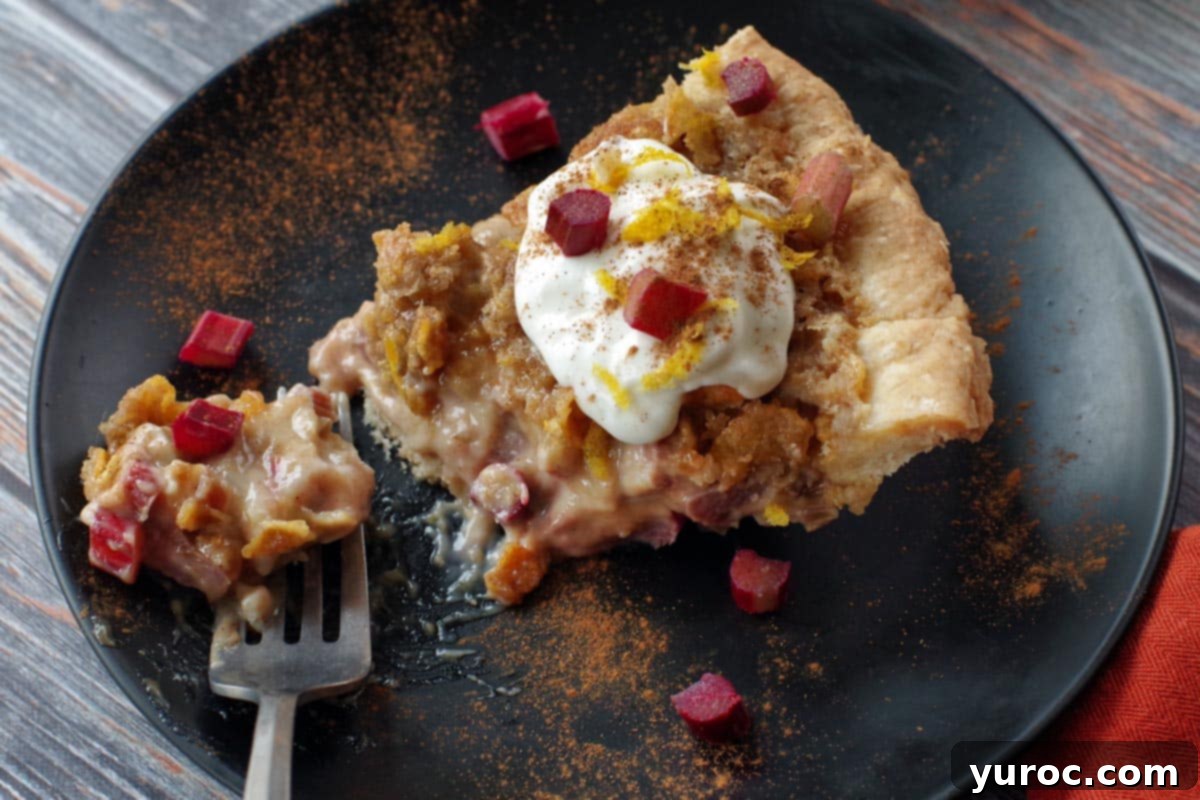 A slice of Rhubarb Sour Cream Pie on a black plate, with a fork gently cutting into the creamy filling, highlighting its perfect texture.