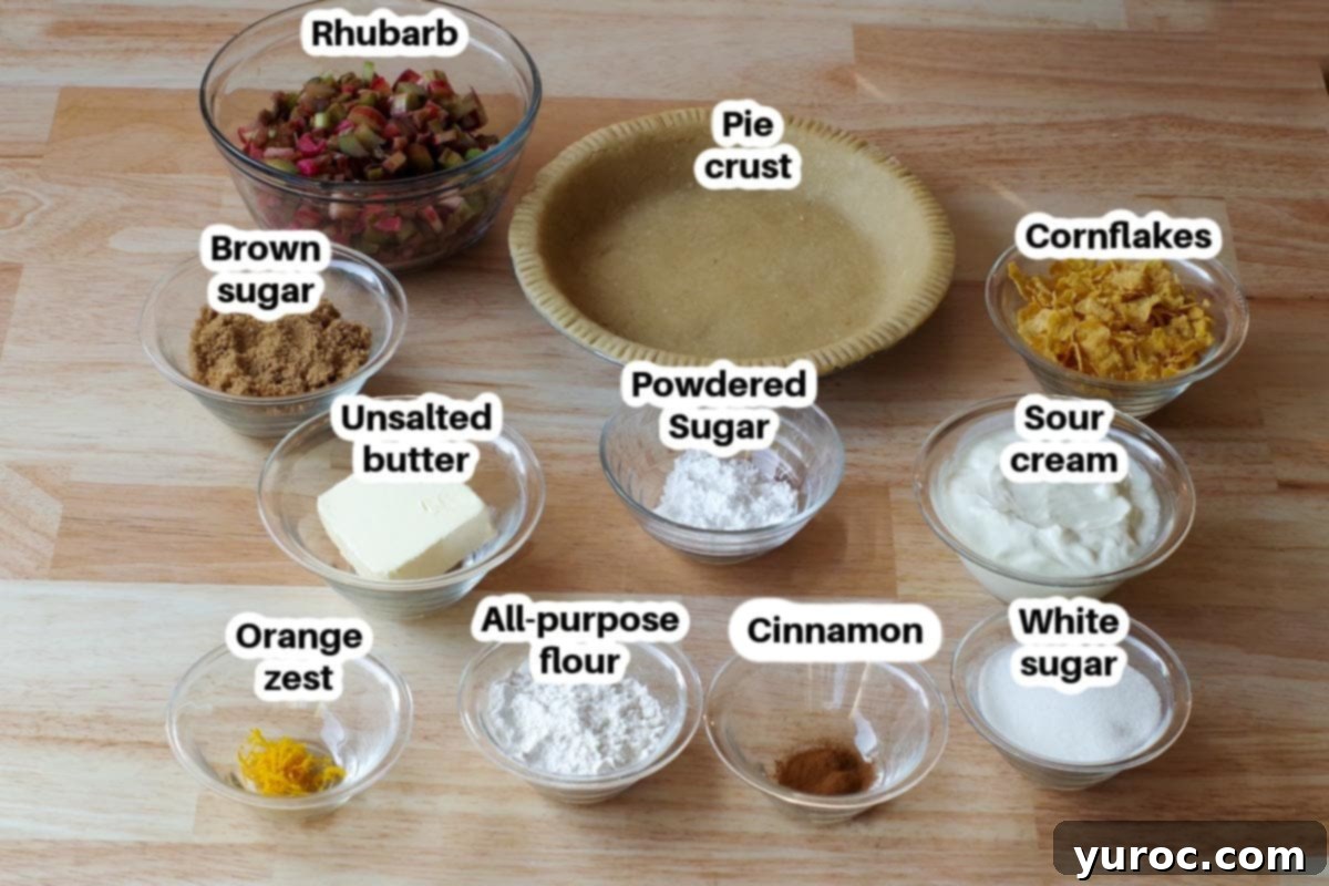 A flat lay photograph showcasing all the fresh ingredients needed for a delicious sour cream rhubarb pie, neatly arranged in glass bowls.