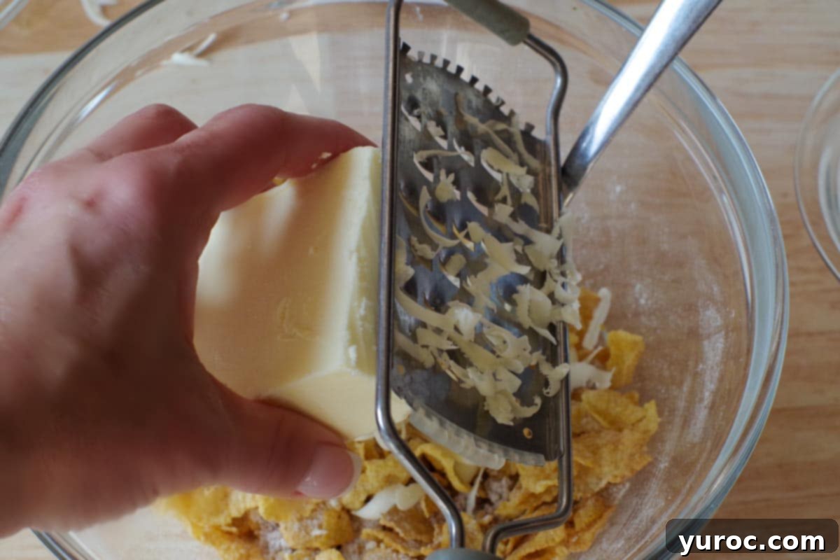 Unsalted butter being grated into the cornflake topping mixture using a box grater.