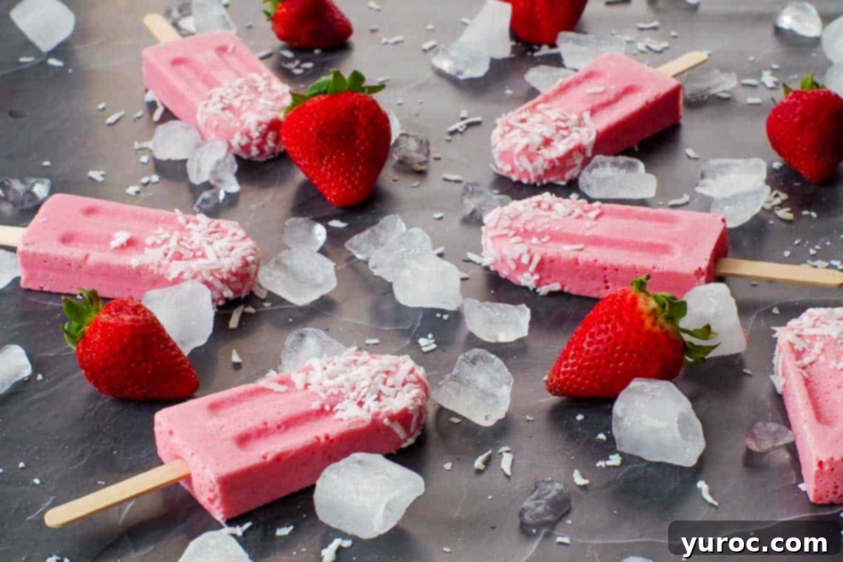 Vibrant strawberry yogurt popsicles neatly arranged on a sleek black counter surface, surrounded by ice cubes and fresh, juicy strawberries, highlighting their refreshing appeal.