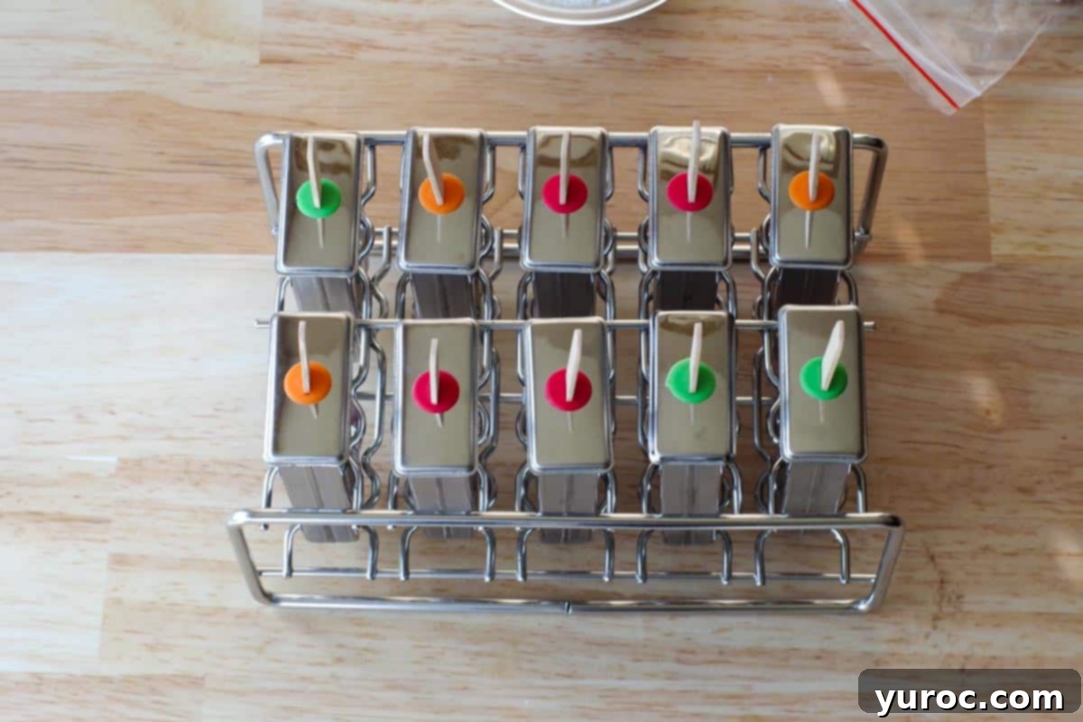 Popsicle molds are sealed with their covers and sticks inserted, prepped for freezing.