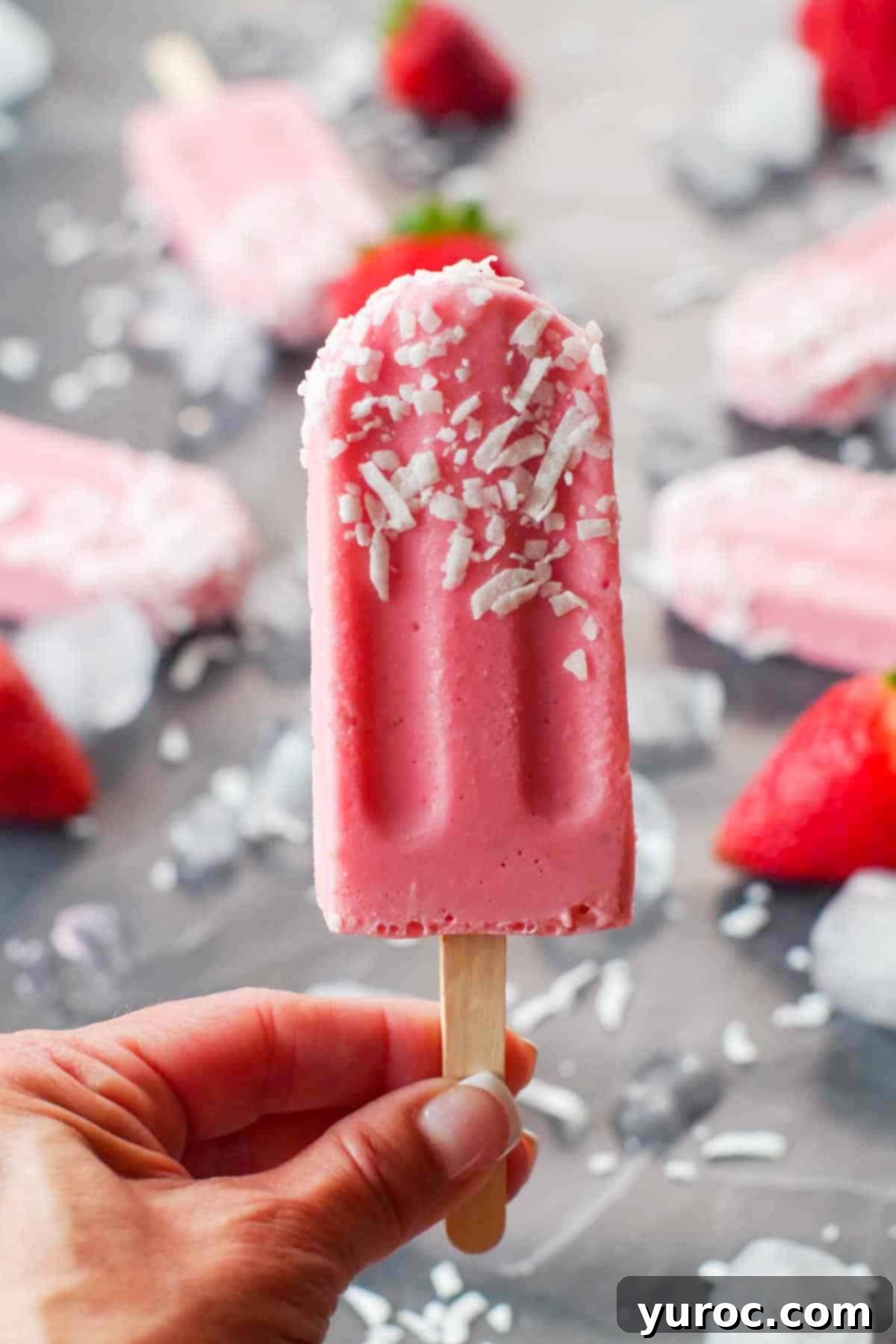 A refreshing strawberry yogurt popsicle is held aloft, with several more popsicles visible in the softened background, hinting at a collection of delightful frozen treats.