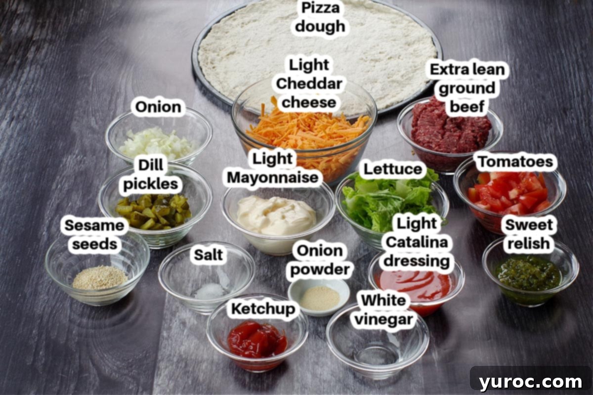 Ingredients in Big Mac Pizza in glass bowls, labelled