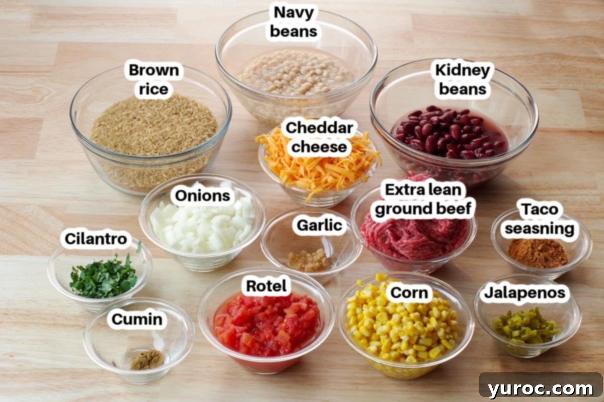 ingredients in crock pot cowboy casserole in glass bowls, labelled