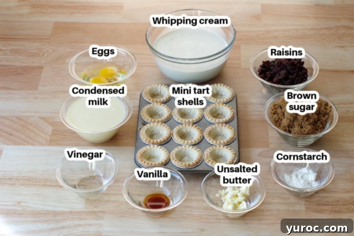 Effortless Butter Tart Dream Ice Cream 2 Various ingredients for butter tart ice cream, including whipping cream, butter, brown sugar, eggs, vanilla, vinegar, cornstarch, raisins, and mini tart shells, neatly arranged in glass bowls.