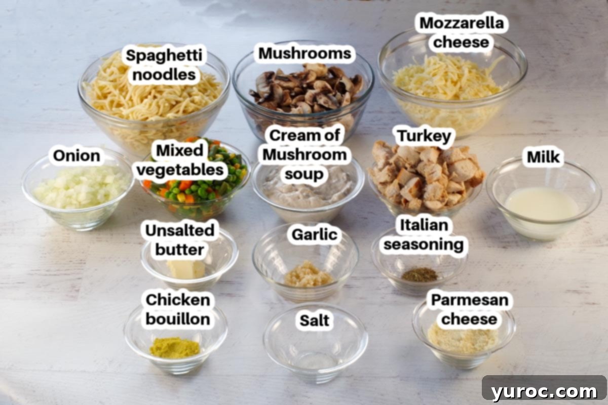 Individual glass bowls displaying fresh sliced mushrooms, chopped onion, butter, milk, cream of mushroom soup, and seasonings – key ingredients for turkey tetrazzini.