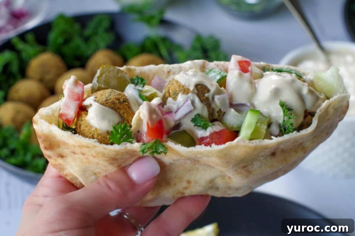 Crispy Air Fryer Falafel from Mix 1 air fryer falafel being held in a hand with air fryer falafel balls in background
