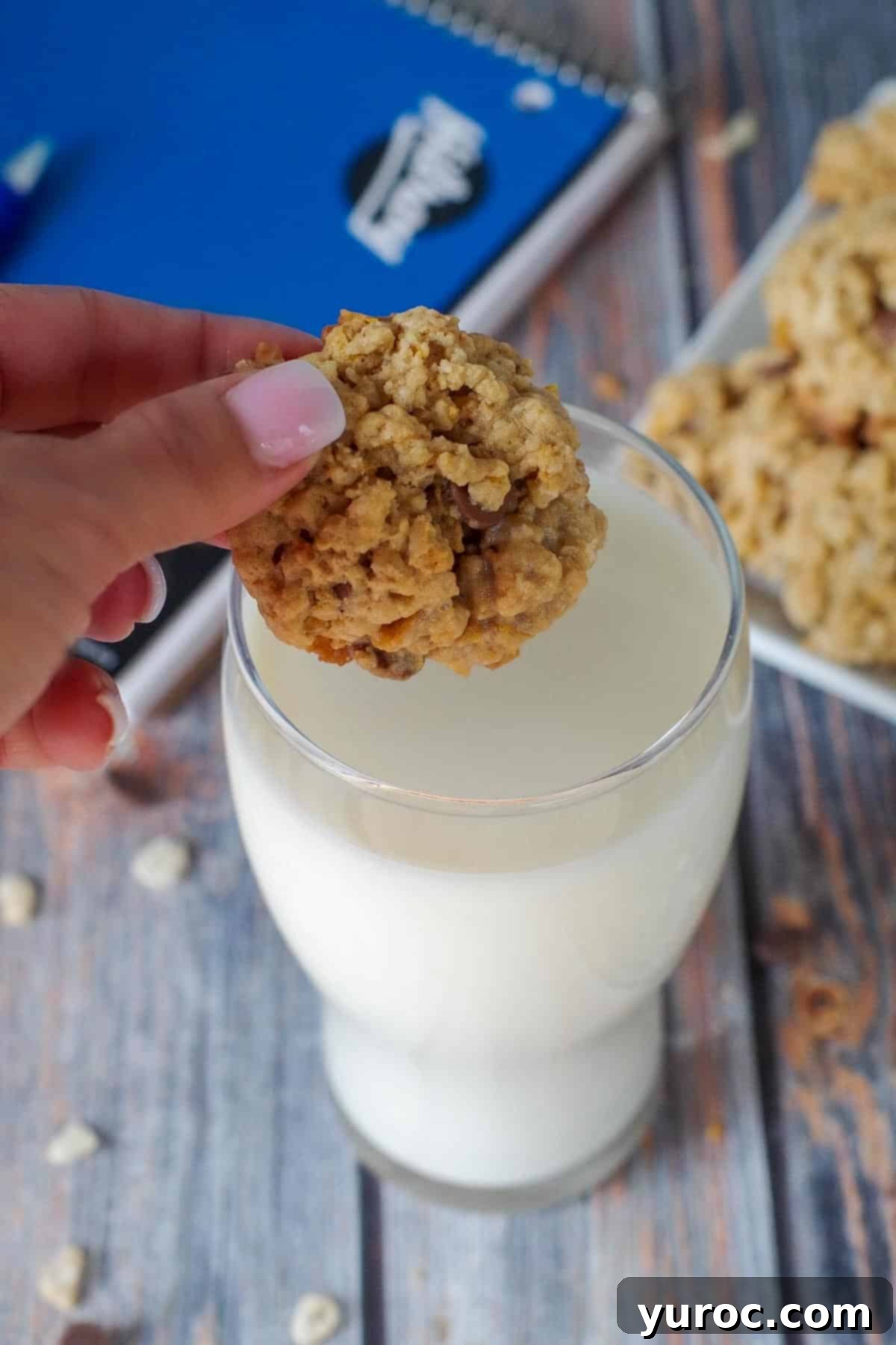 Grab-and-Go Cereal Cookies for School 2 School Day cereal cookies being held over glass of milk with plate of cookies, milk and school binder in background