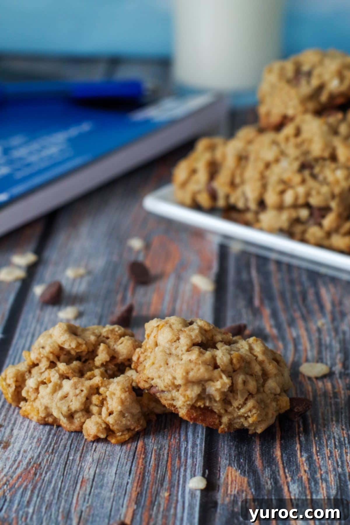 Grab-and-Go Cereal Cookies for School 12 2 cereal cookies on faux wooden surface with plate of cookies, milk and school binder in background
