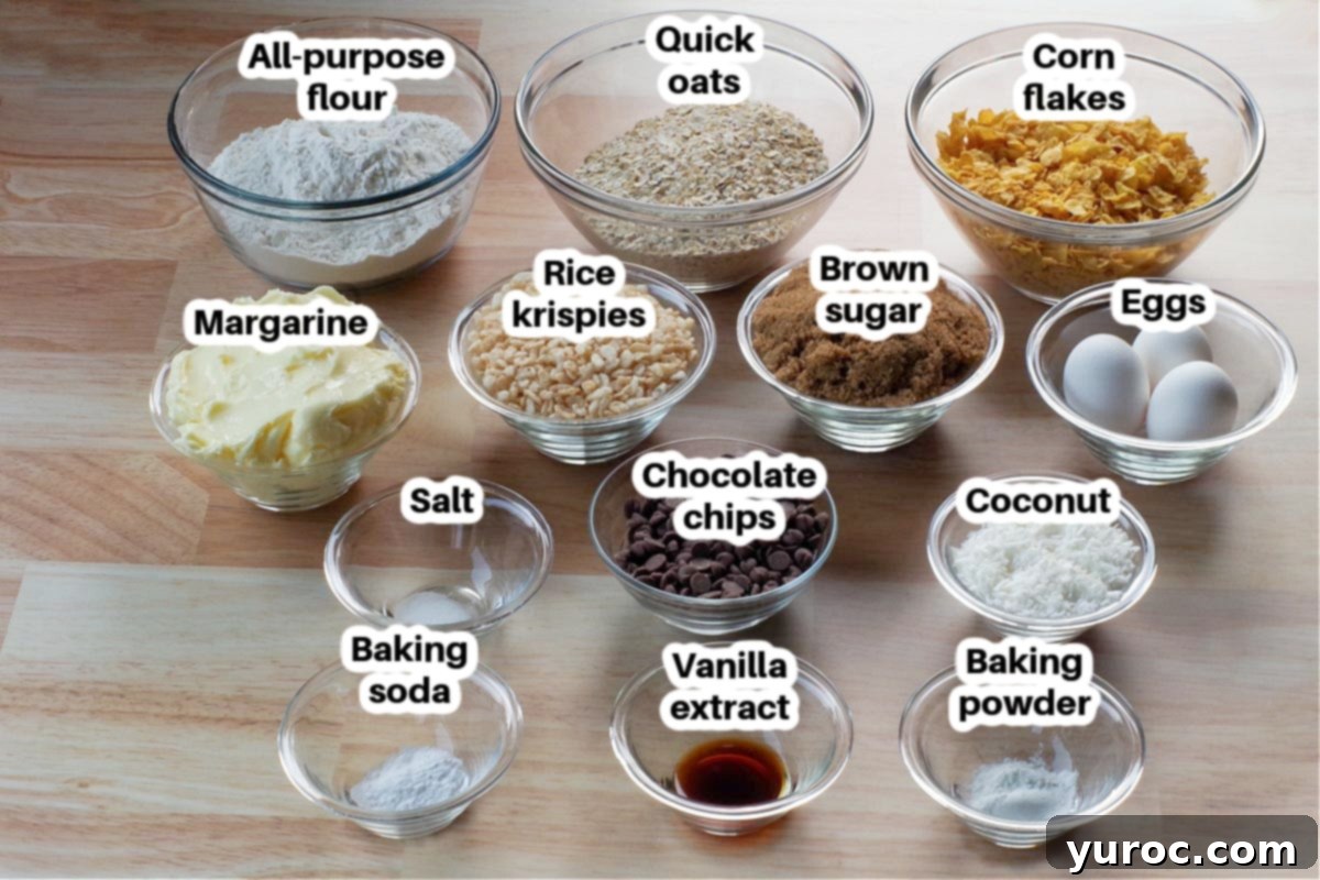 Grab-and-Go Cereal Cookies for School 3 ingredients in school day cereal cookies in glass bowls, labelled