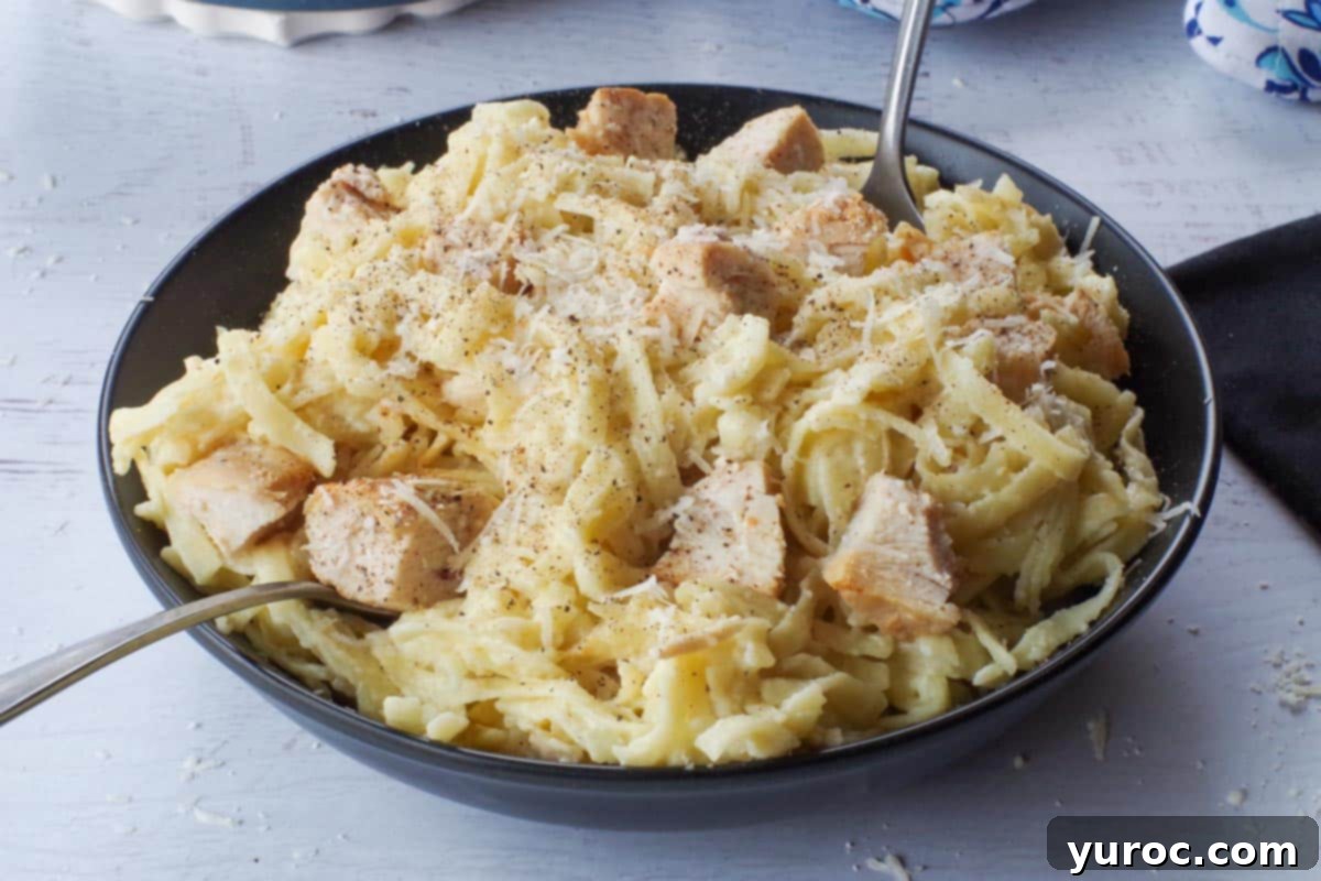 Silky Light Chicken Fettuccine 13 Close-up of chicken fettuccine in a black bowl, ready to eat.