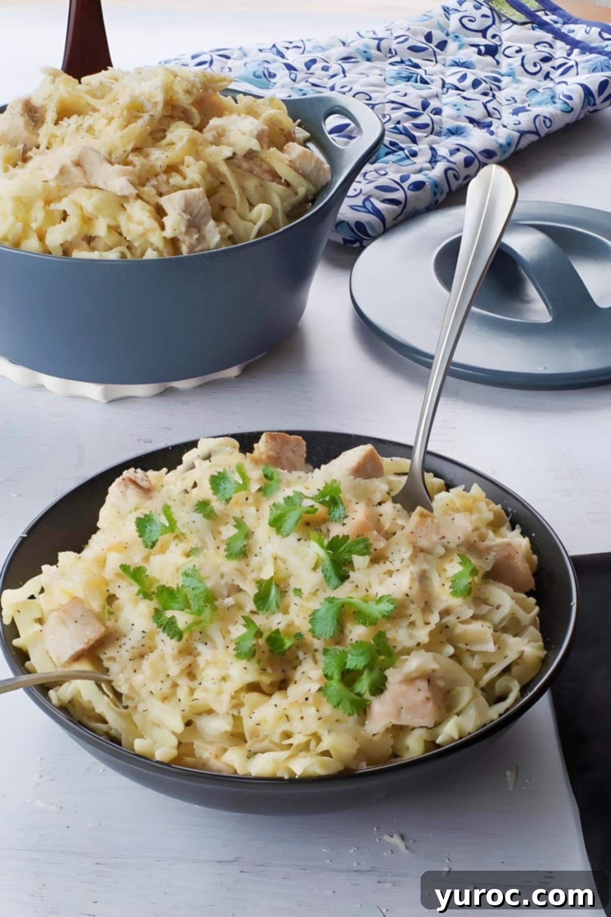 Silky Light Chicken Fettuccine 14 A black bowl overflowing with delicious light creamy chicken fettuccine, ready to be served.