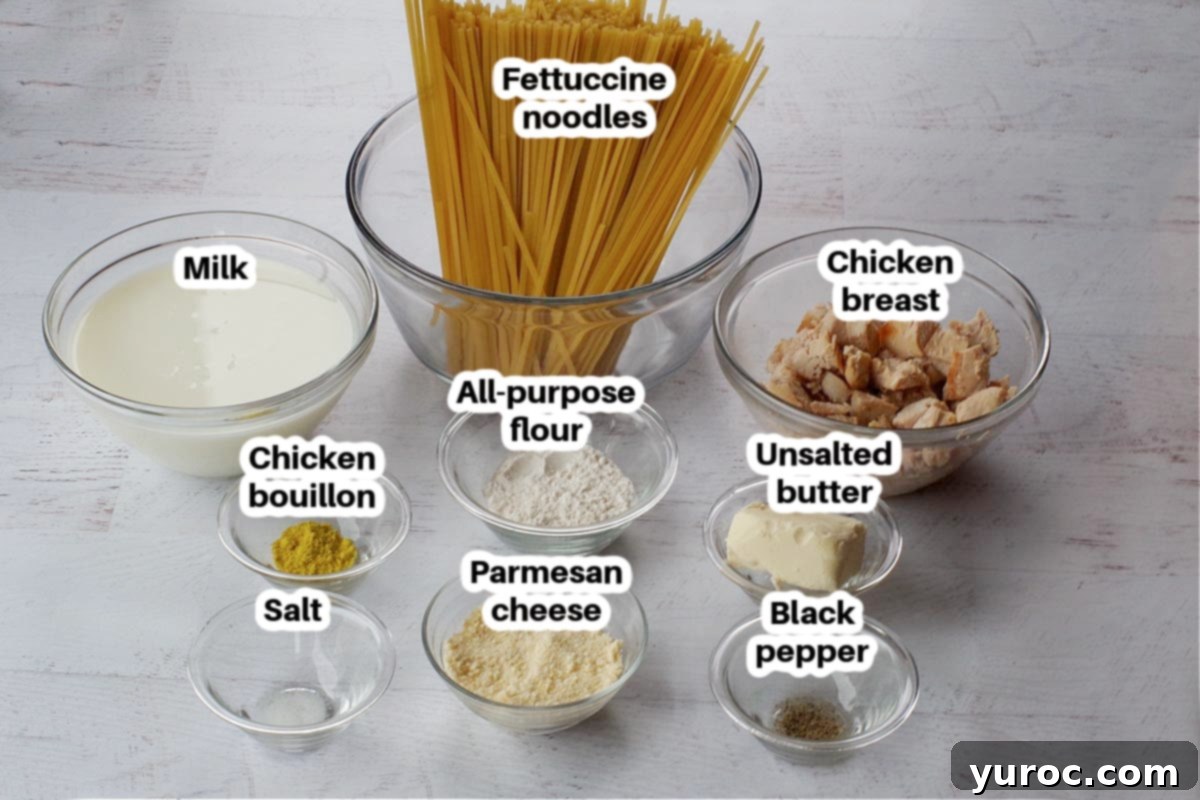 Silky Light Chicken Fettuccine 3 Labeled glass bowls containing ingredients for chicken fettuccine: butter, flour, salt, pepper, chicken bouillon, milk, parmesan cheese, and chicken breast.