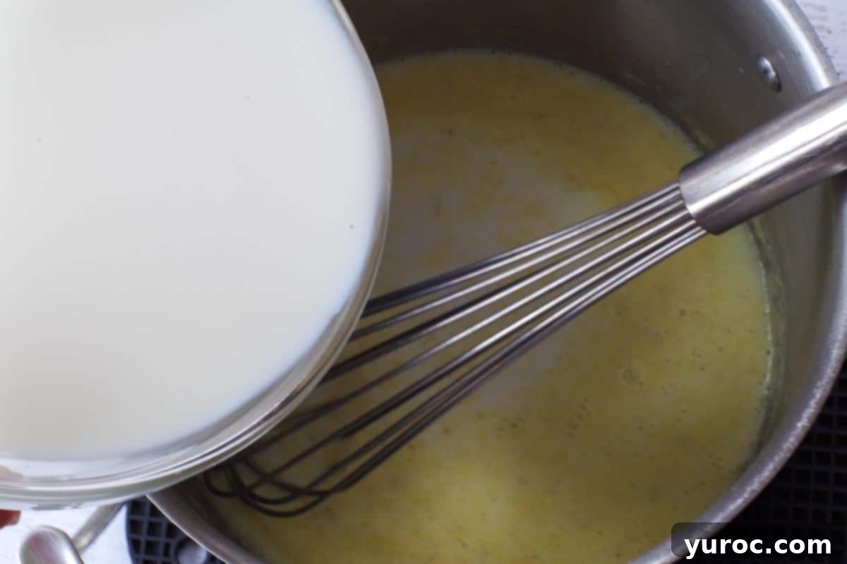 Silky Light Chicken Fettuccine 8 Milk being slowly poured into the roux mixture in the pot.