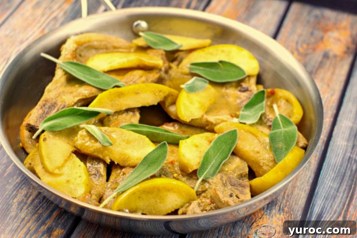 Orchard Herb Pork Chops 2 Savory apple sage pork chops sizzling in a nonstick skillet, garnished with fresh sage leaves