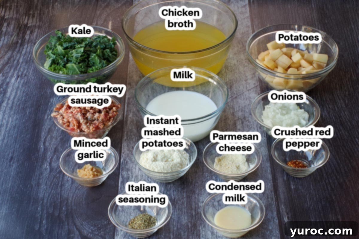 ingredients for slow cooker zuppa toscana displayed in glass bowls and labelled