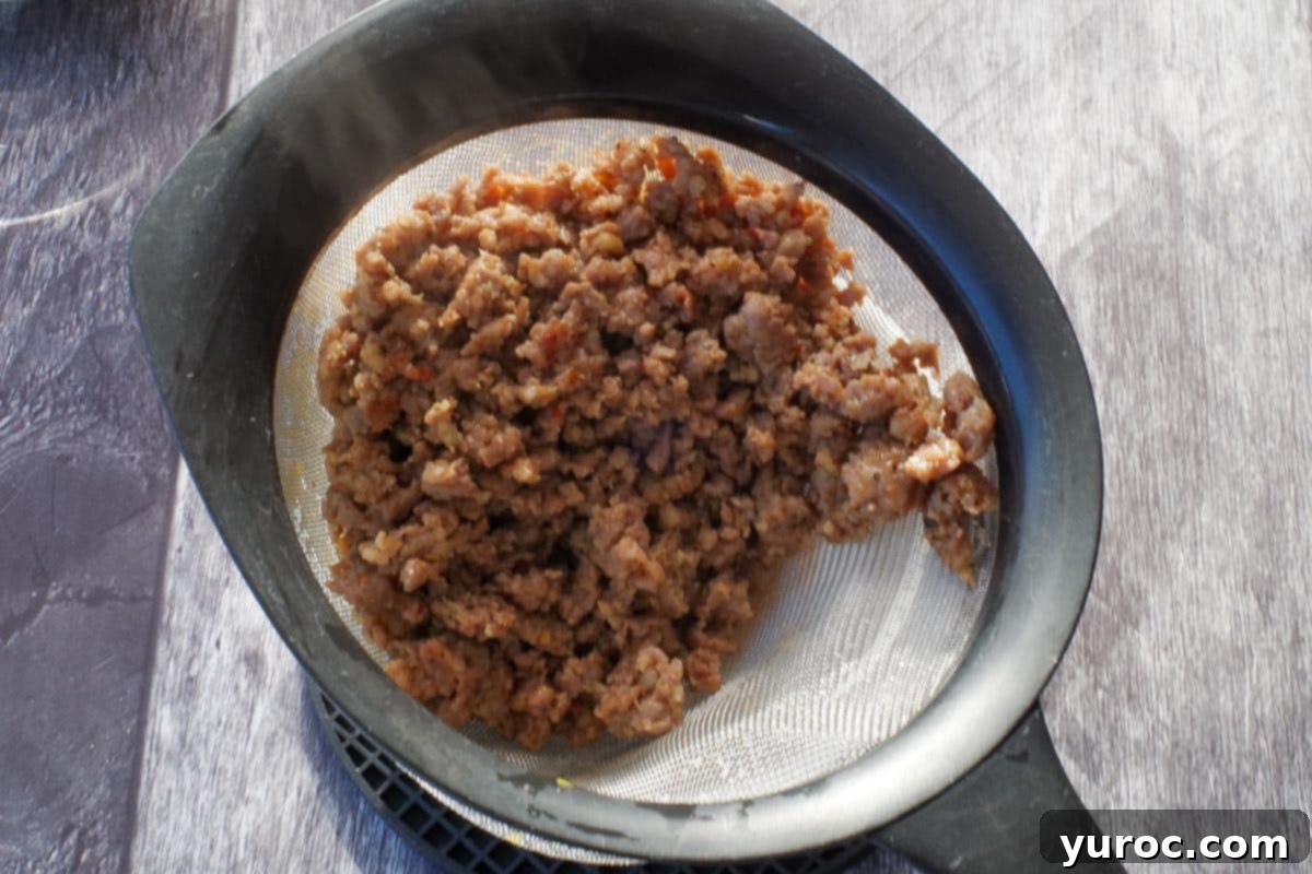 browned turkey sausage drained through a sieve
