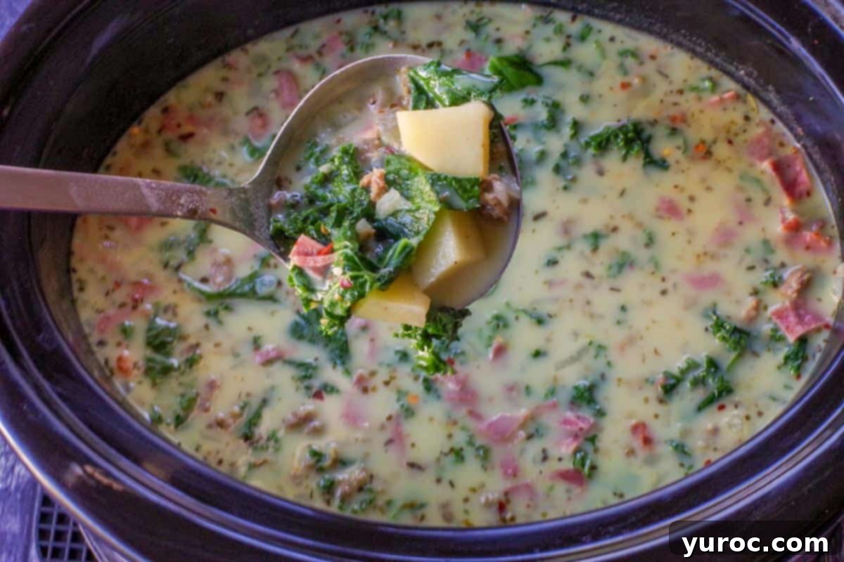 slow cooker zuppa toscana in a slow cooker with a ladle holding up soup