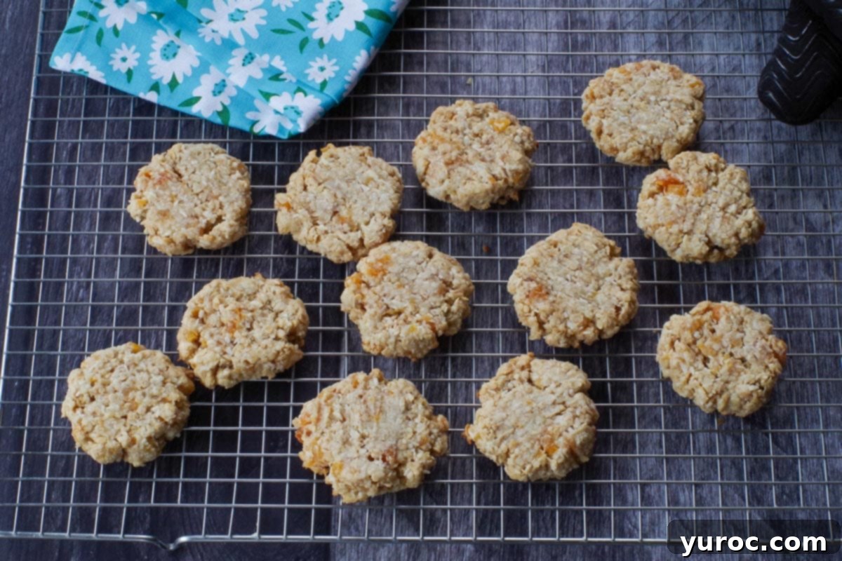 Freshly baked Oatmeal Apricot cookies cooling on a wire rack, allowing air circulation for even cooling