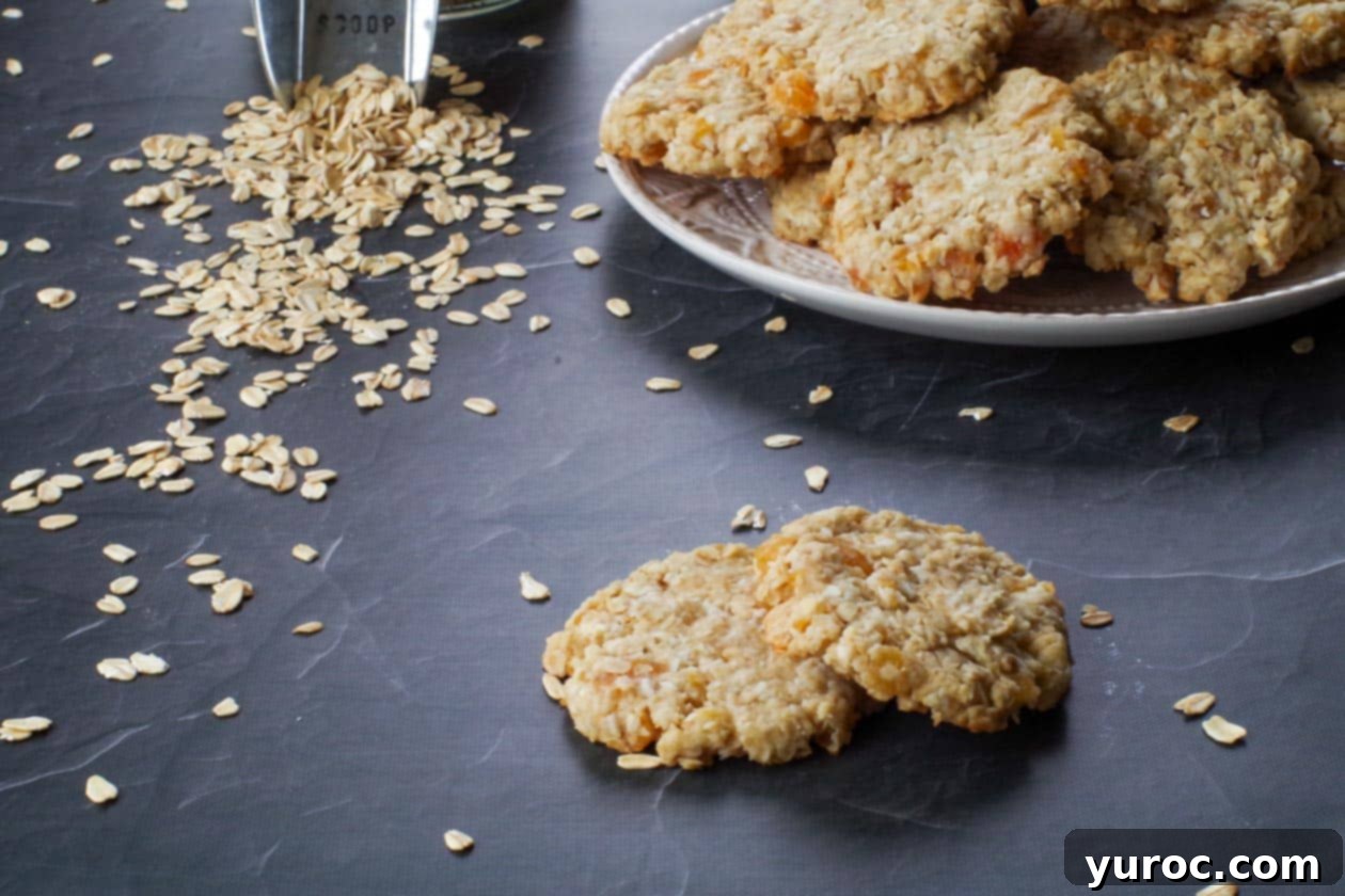 Two Oatmeal Apricot cookies on a black surface with a plate of more cookies in the soft-focus background, emphasizing their appealing texture