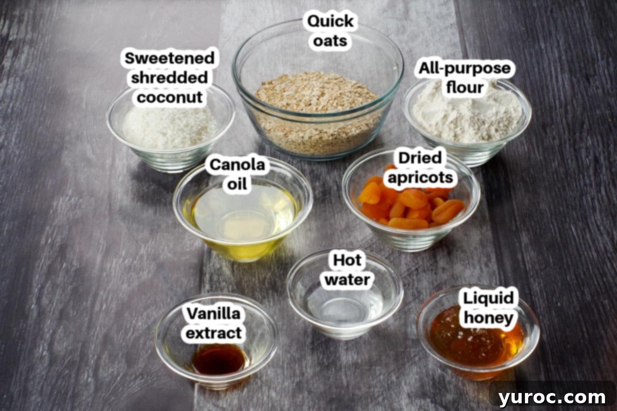 Collection of oatmeal apricot cookie ingredients in labeled glass bowls, including flour, oats, honey, apricots, oil, coconut, and vanilla extract
