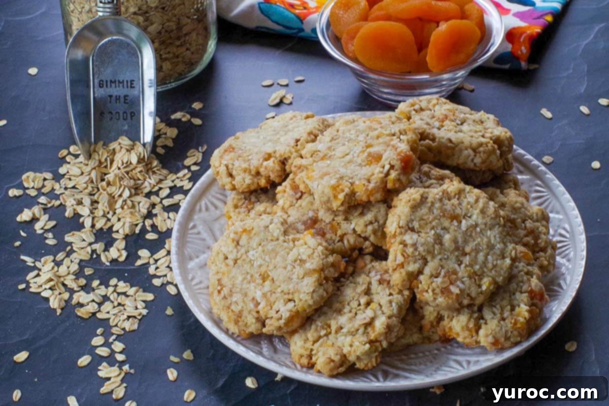 Oatmeal apricot cookies arranged on a white plate with a scattering of dried apricots in the background, creating an inviting presentation