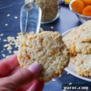 hand holding one Oatmeal Apricot cookie in front of a plate of more Apricot Oatmeal cookies