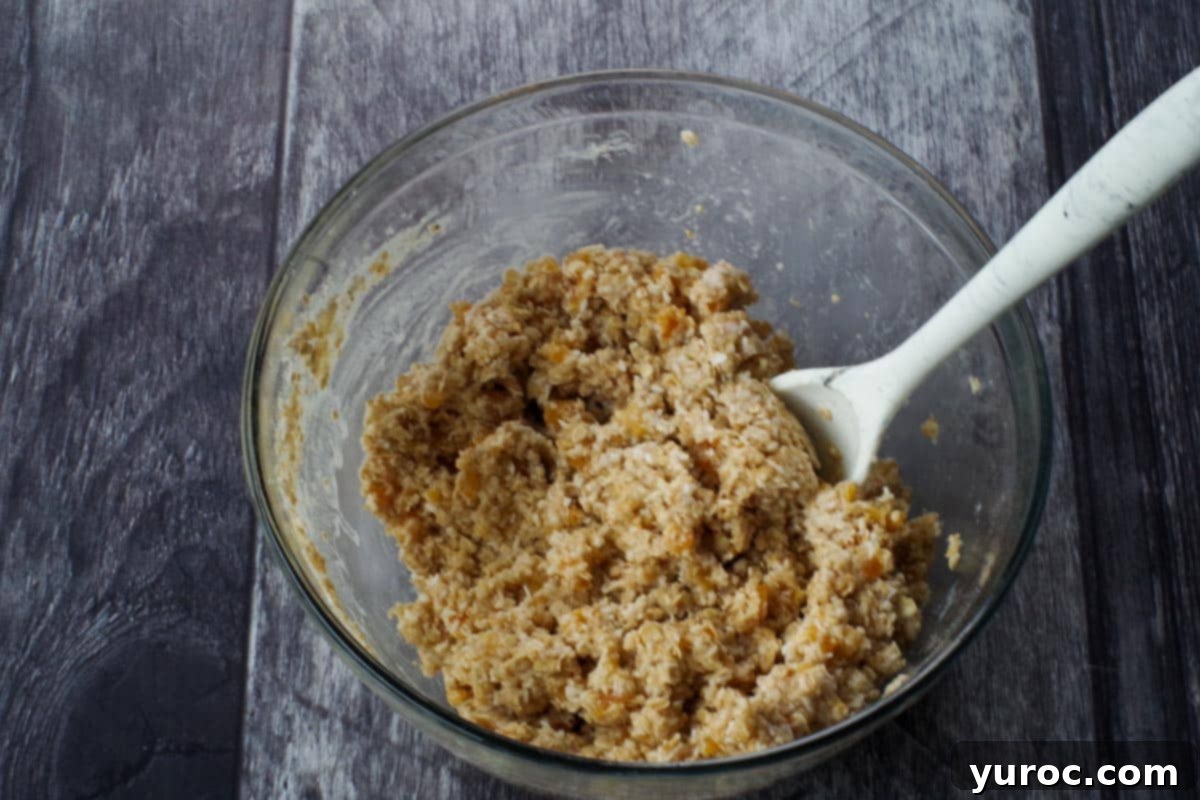 Wet ingredients (honey, oil, vanilla, chopped apricots) being mixed into the dry flour and oat mixture in a glass bowl with a white spoon