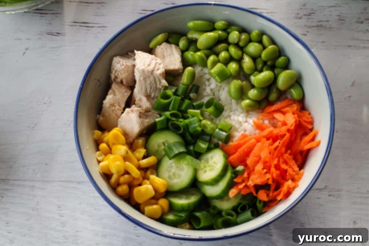 A colorful array of shredded carrots, corn, sliced cucumber, green onions, and edamame beans beautifully arranged in the bowl with rice and chicken.