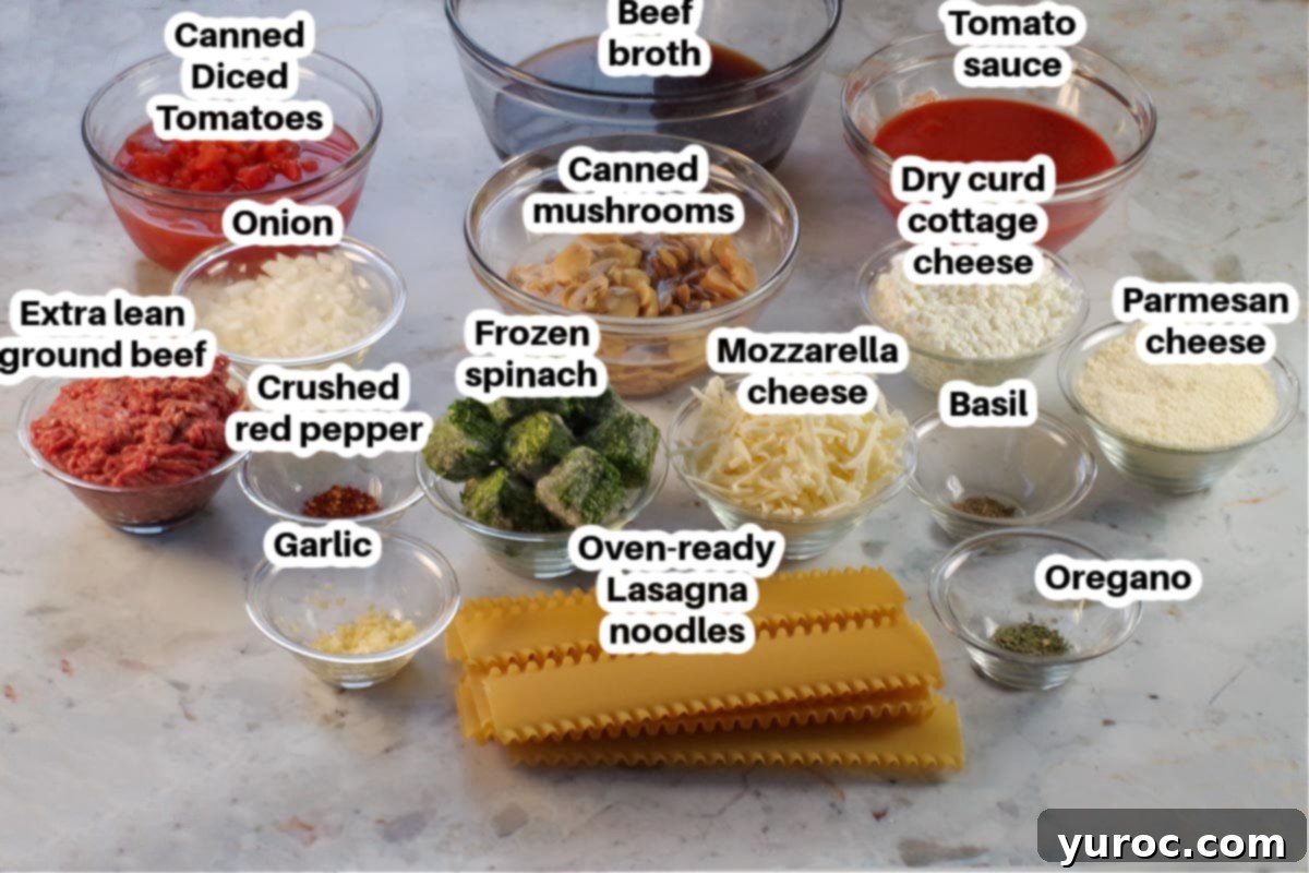 Fresh and pantry ingredients for healthy slow cooker lasagna soup, organized in glass bowls