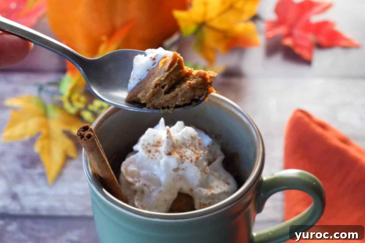 Velvet Pumpkin Mug Bake 2 Crustless pumpkin pie in a mug topped with whipped cream, ready to be enjoyed with a spoon.