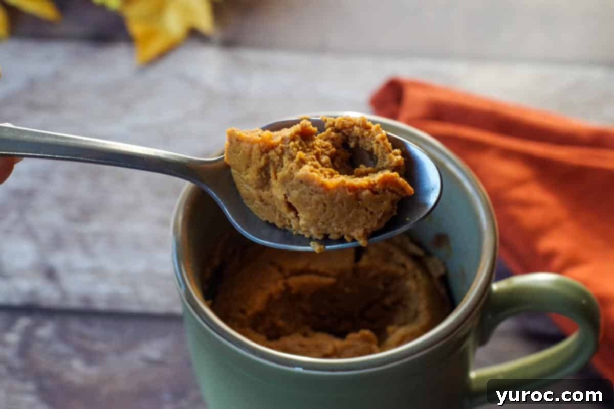 Velvet Pumpkin Mug Bake 6 Cooked crustless pumpkin pie in a mug, shown with a spoon digging in to reveal its perfectly set, moist texture.