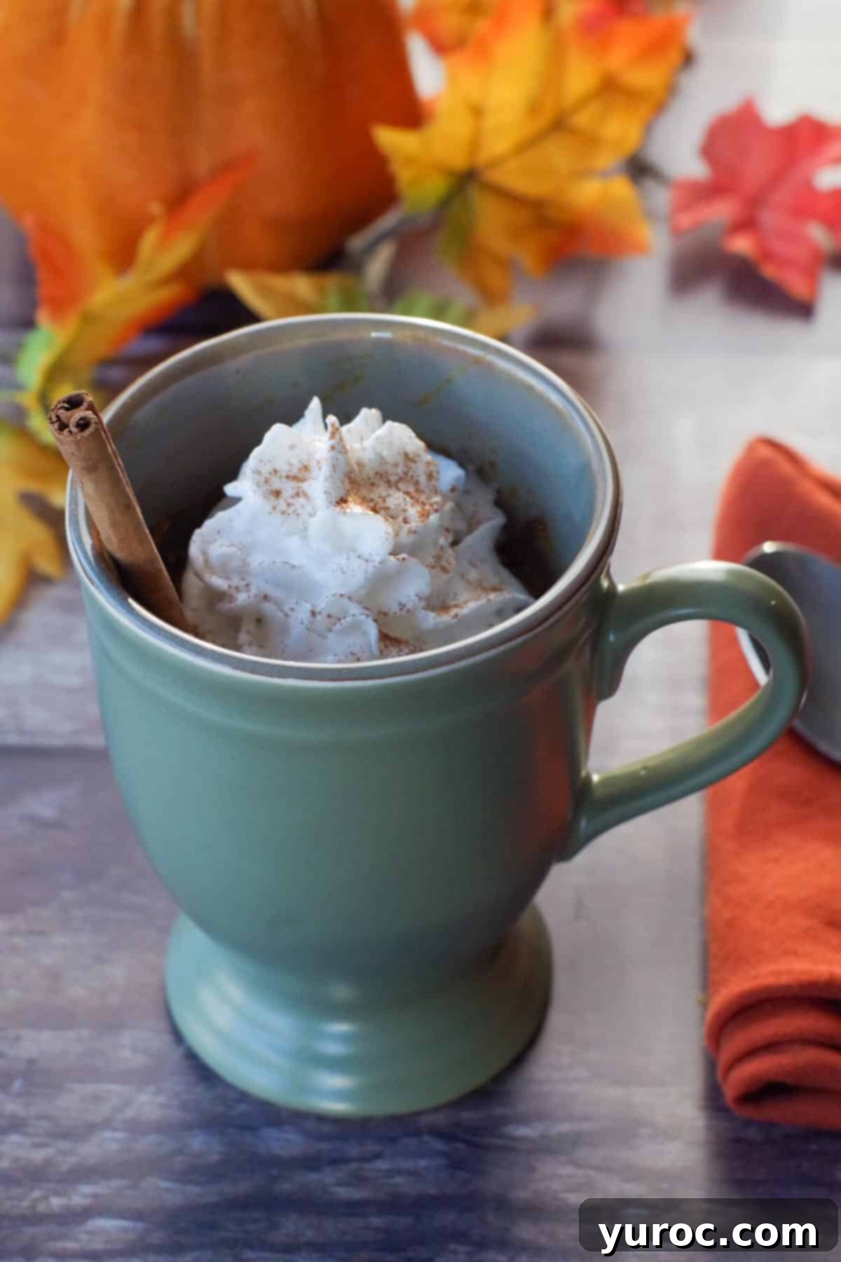 Velvet Pumpkin Mug Bake 7 A beautifully presented crustless pumpkin pie in a mug, garnished with light whipped cream and a sprinkle of cinnamon stick, ready to be served.