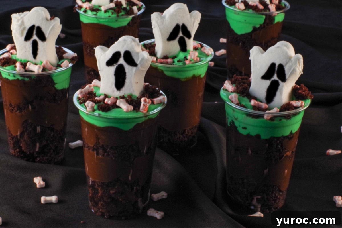 Six Boo! Halloween Dessert Cups on a black surface with candy bloody bones strewn around them, ready for a Halloween party.