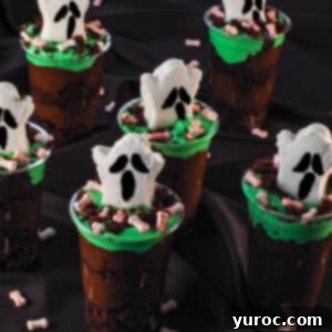 Six Boo! Halloween Dessert Cups on a black surface with candy bloody bones strewn around them, a perfect Halloween treat.