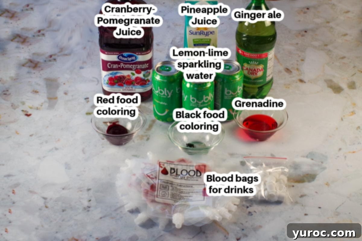 Virgin Blood Bags Halloween 2 Various ingredients for Halloween blood bag punch, including juices, sparkling water, grenadine, and food colorings, neatly arranged in containers.
