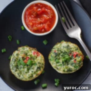 Vibrant Roasted Red Pepper Egg White Bites 13 2 egg white bites on a black plate, with salsa in a small dish and a fork on the plate