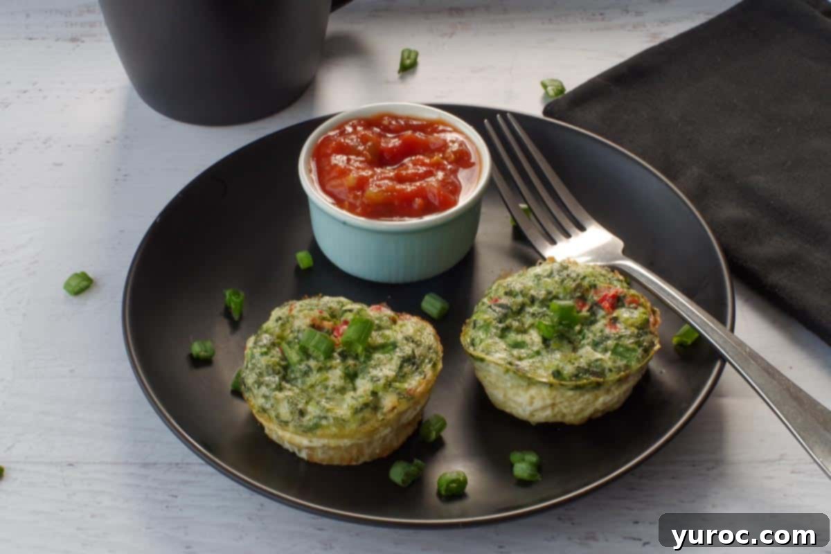 Vibrant Roasted Red Pepper Egg White Bites 10 2 egg white bites on a black plate, with salsa in a small dish and a fork on the plate