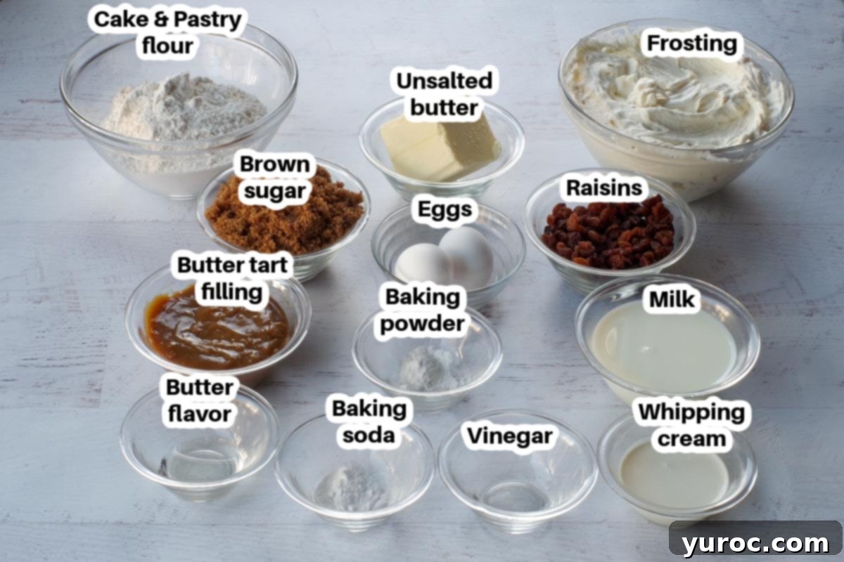 Labeled glass bowls containing ingredients for butter tart cupcakes