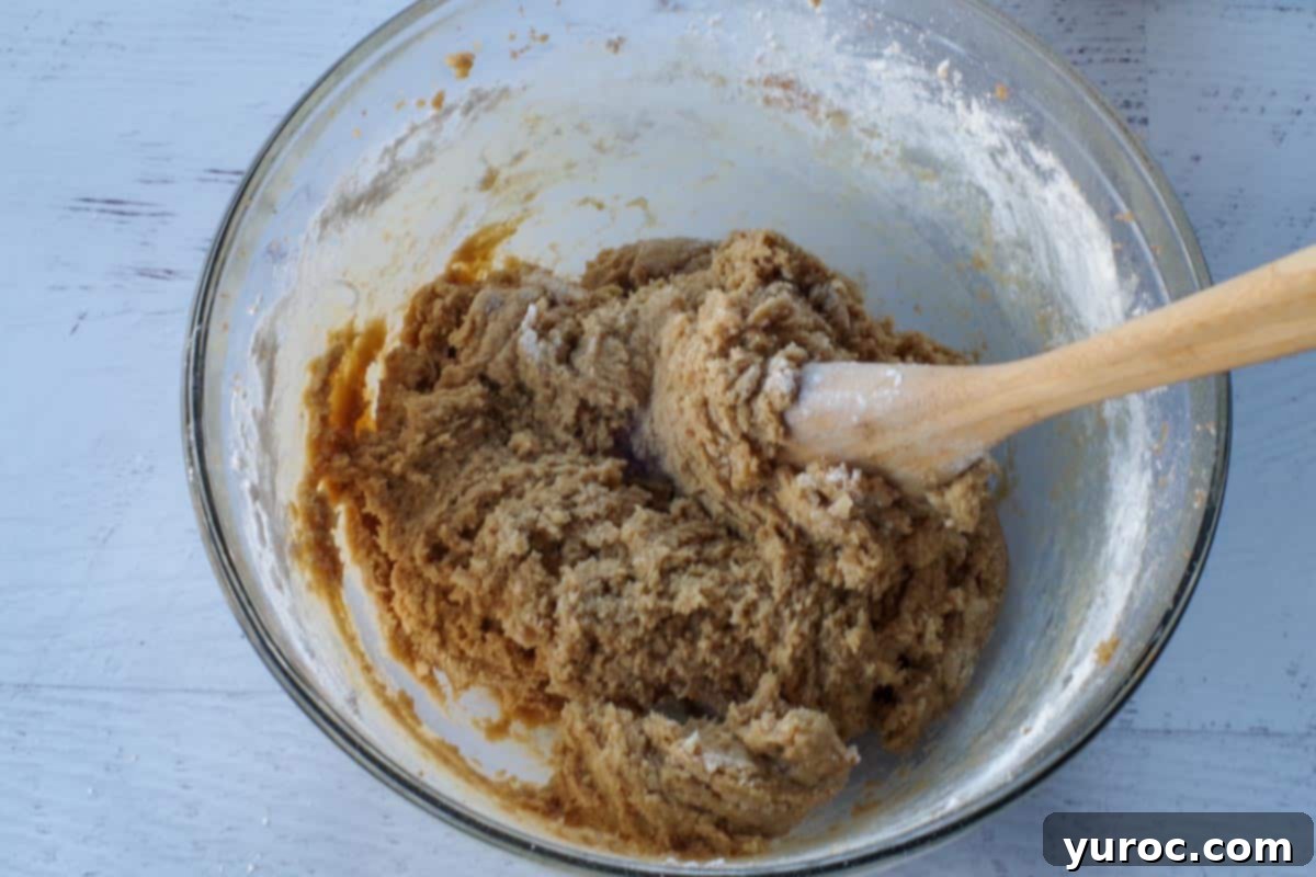 Dry ingredients mixed into wet ingredients with a wooden spoon