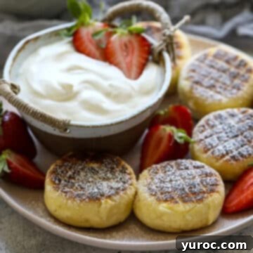Four golden Syrniki pancakes artfully arranged on a plate, garnished with a dollop of yogurt and fresh strawberries in the center.