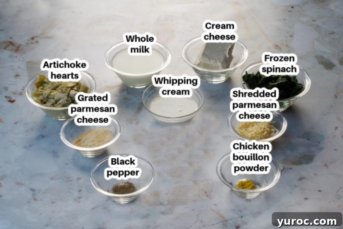 ingredients in spinach artichoke casserole in glass bowls, labelled