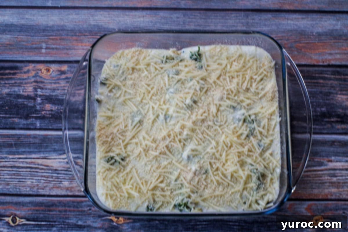 cheese sprinkled over cream cheese mixture in square glass baking dish