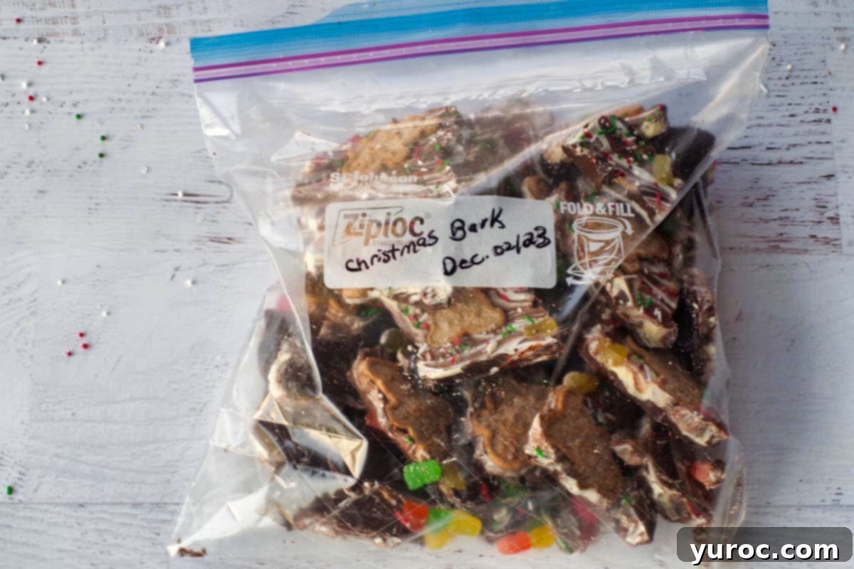 christmas chocolate bark in a ziploc freezer bag, labelled
