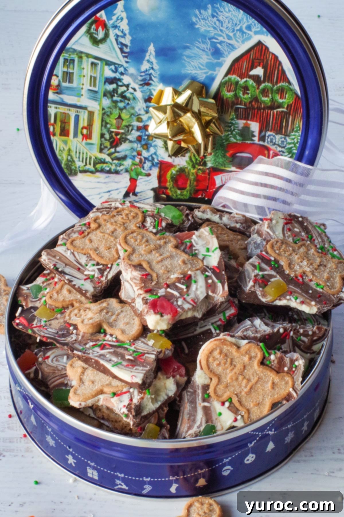 Christmas Chocolate Bark in a Christmas tin (with ribbon)