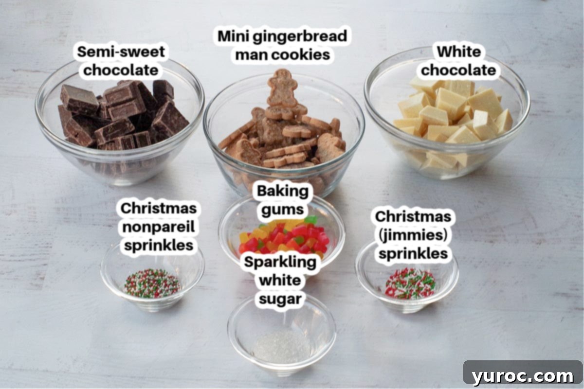 ingredients in Christmas chocolate bark in glass bowls, labelled