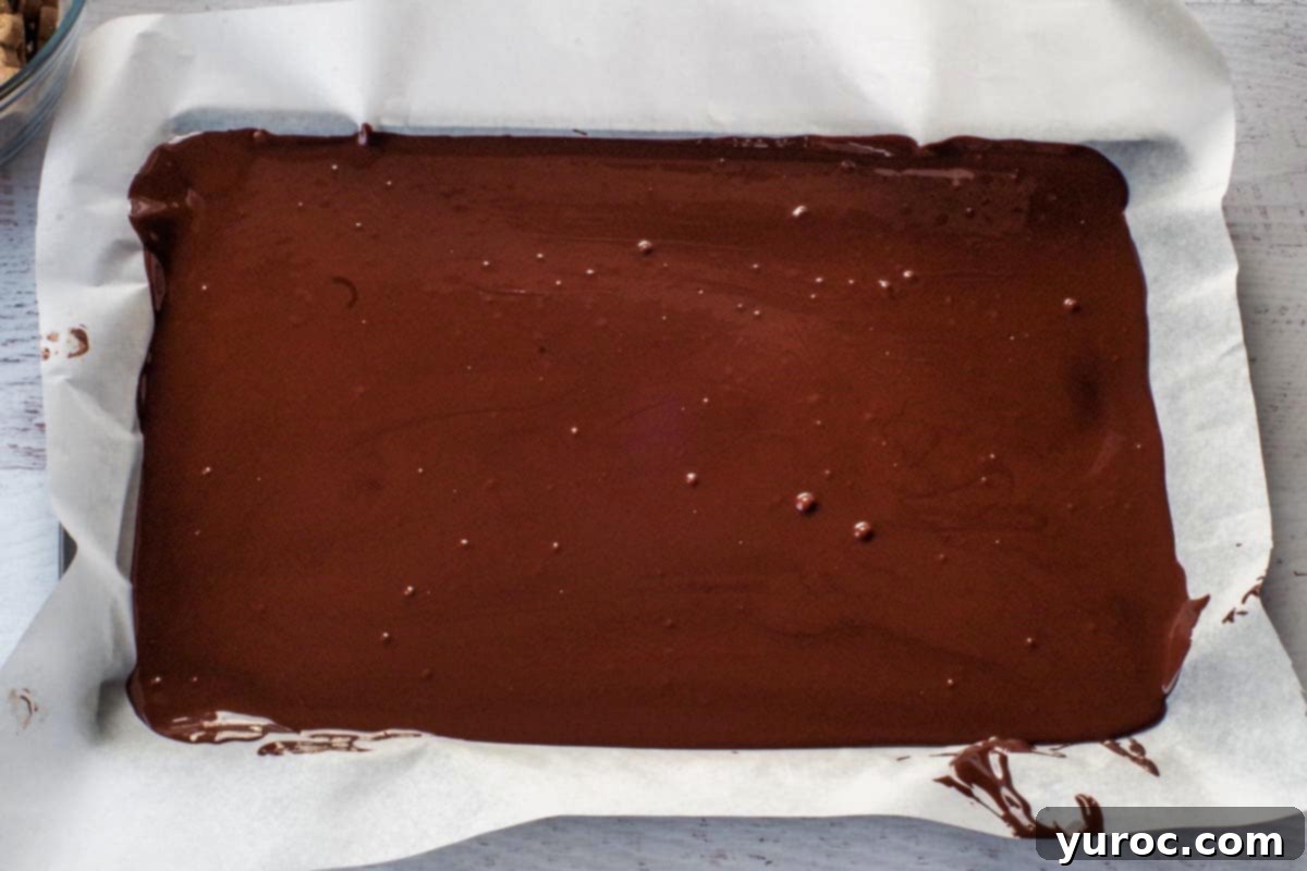 melted chocolate on a parchment lined baking sheet