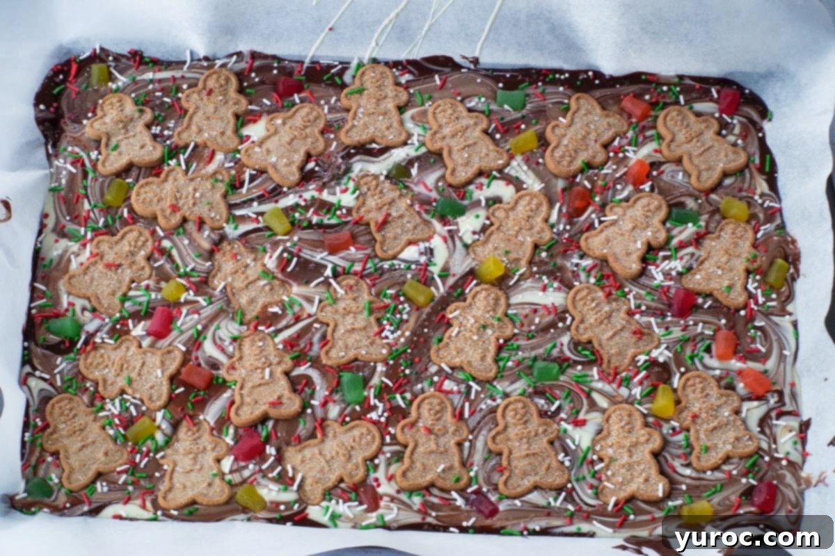 sprinkles, baking gums and sparkling sugar added to bark