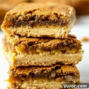 A perfectly stacked trio of golden-brown butter tart bars, showcasing their distinct layers and inviting texture
